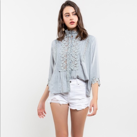 Eyelet Lace Button Down Blouse in Grey - Picture 2 of 2